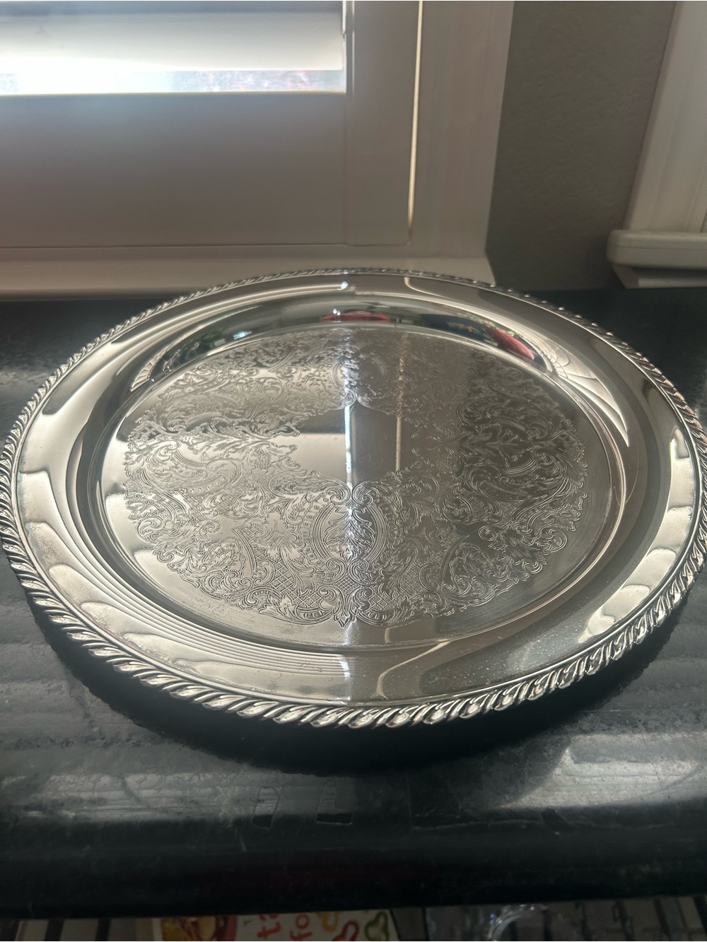 Engraved Decorative Silver Round Serving Tray